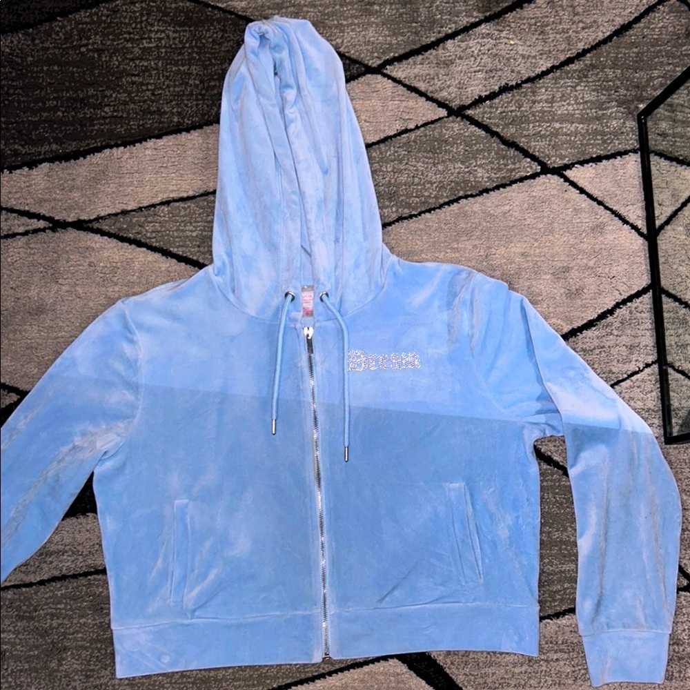Guess Sky Blue Velour Zip Hoodie